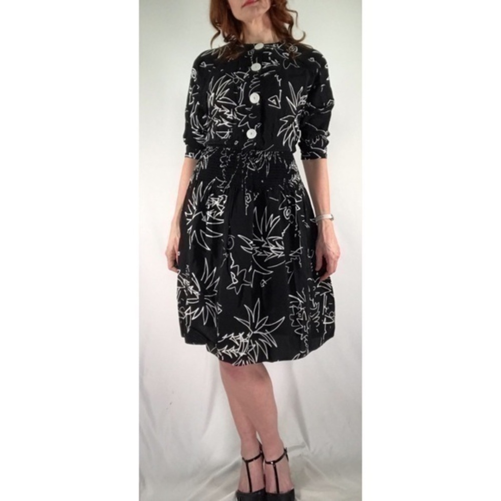 80s Vintage ‘Brenner’ Black Abstract Floral Dress
